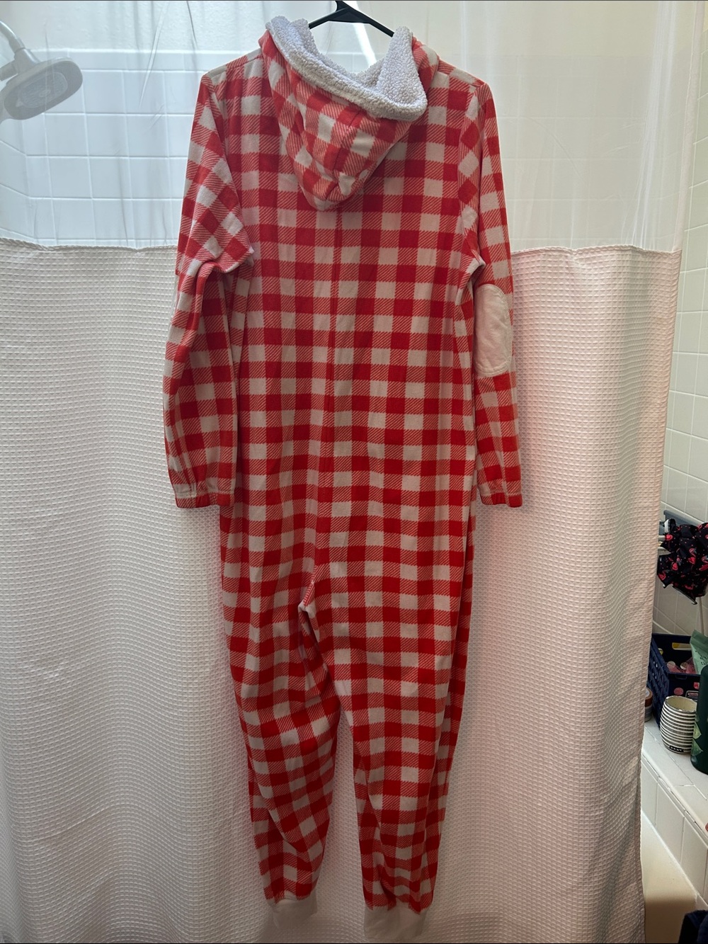 Kids Red and White Buffalo Plaid Hooded Fleece Pajama Onesie